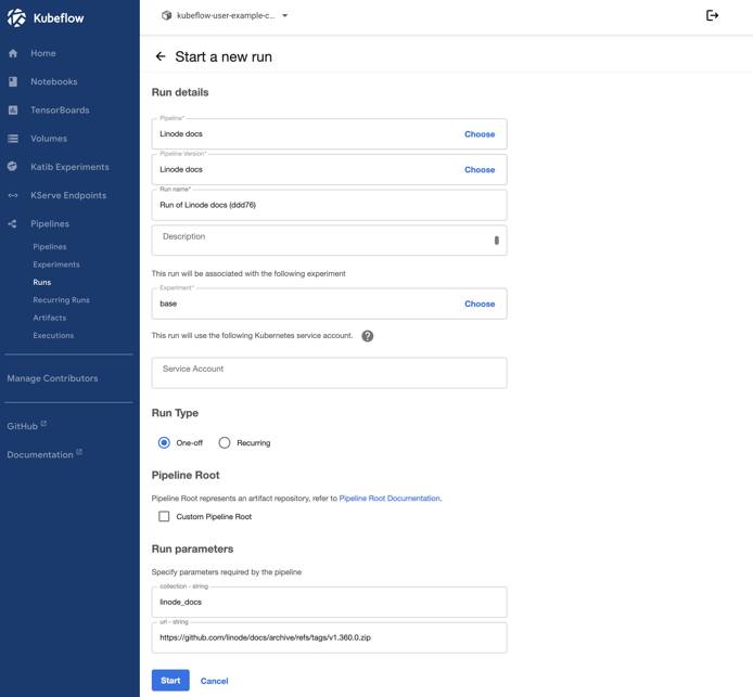 Screenshot of the Start a new run page within Kubeflow