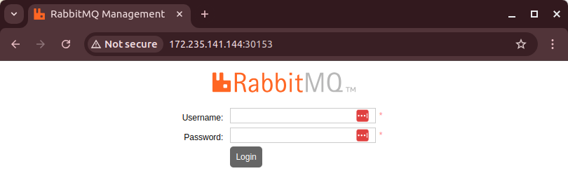 RabbitMQ management GUI displayed in a web browser, showing the login page.