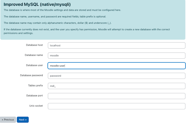 Enter the Moodle Database Settings Enter the Moodle Database Settings
