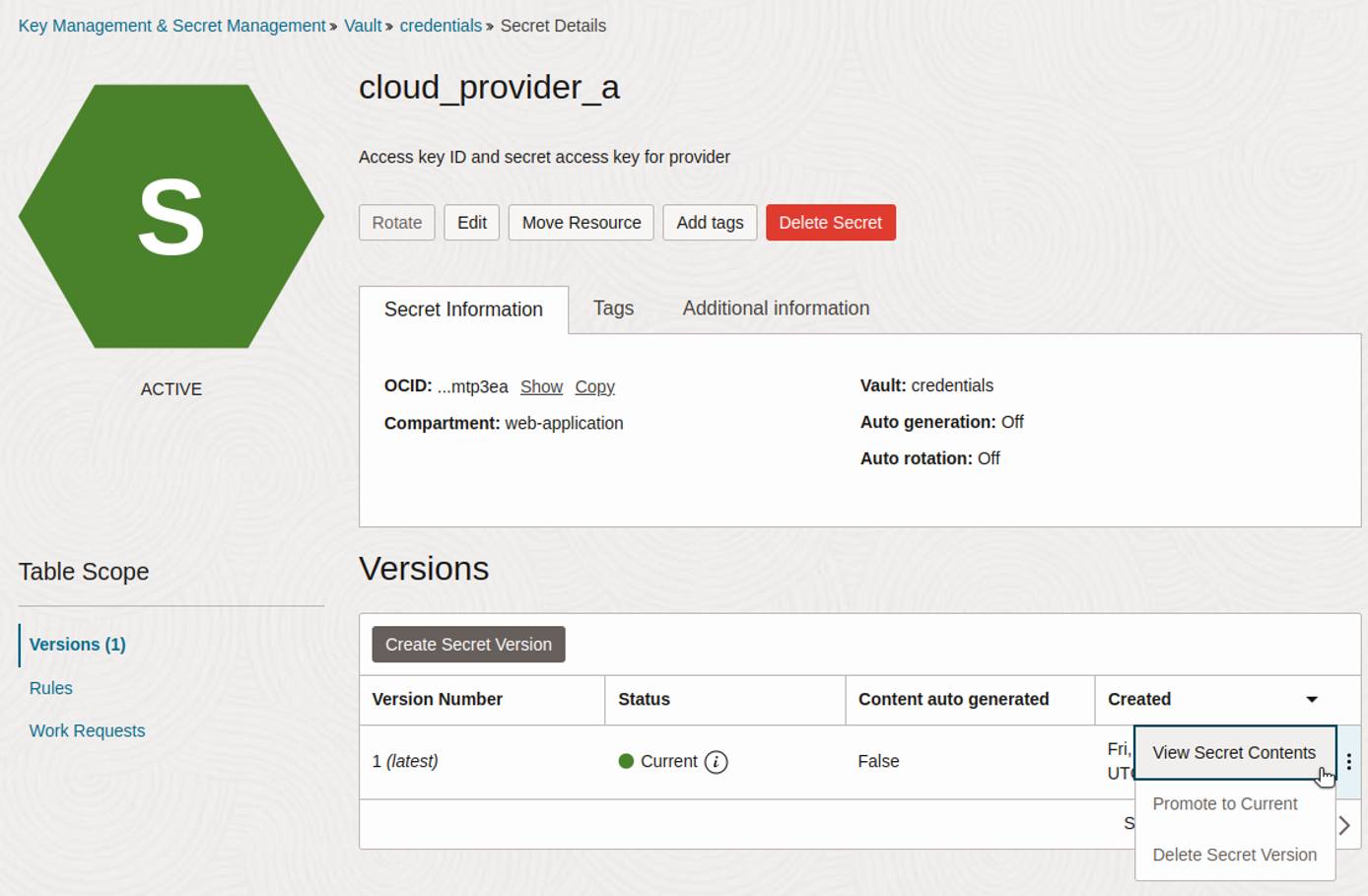 Oracle Vault showing how to view the content of a selected secret.