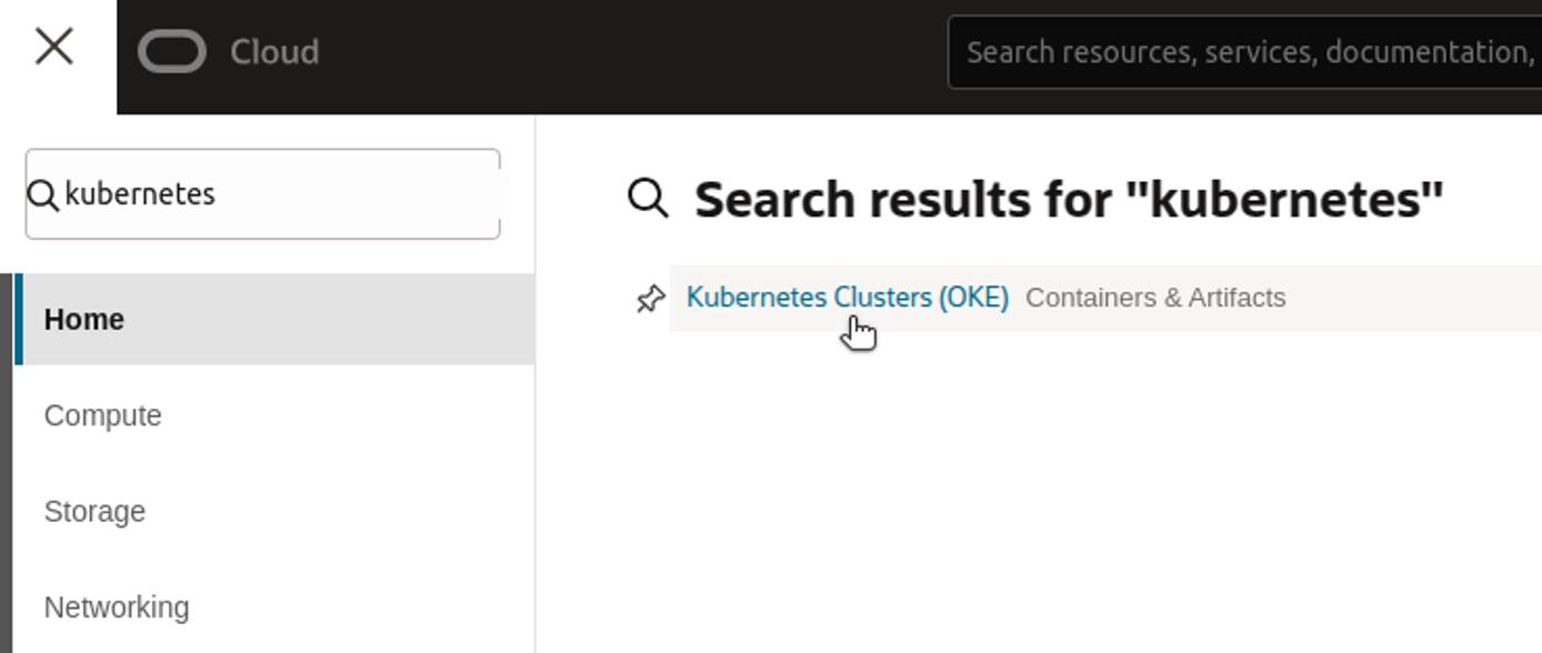 Oracle Cloud console showing search result for Kubernetes Clusters (OKE) service.