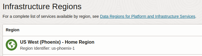 List of region identifiers in Oracle Cloud console.