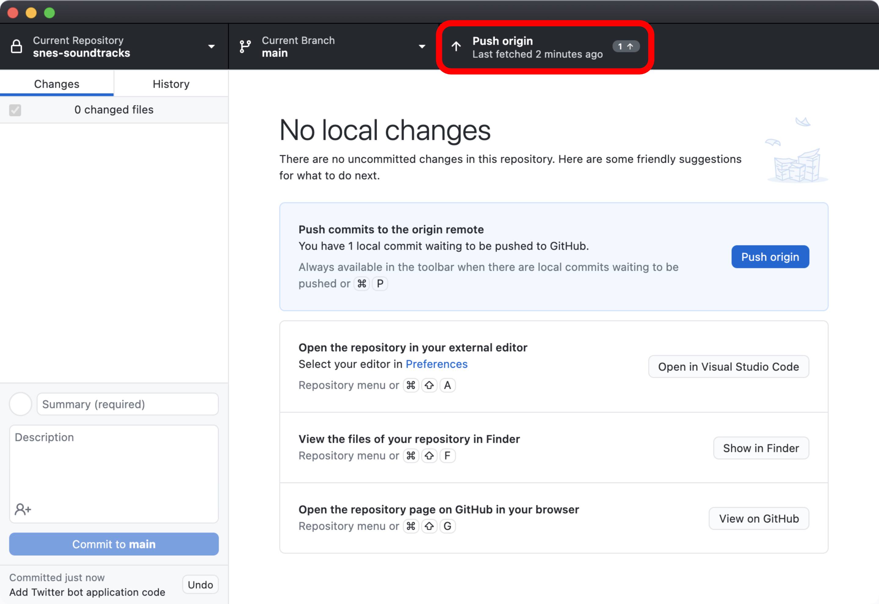 GitHub Desktop - after commit with push origin option highlighted GitHub Desktop - after commit with push origin option highlighted