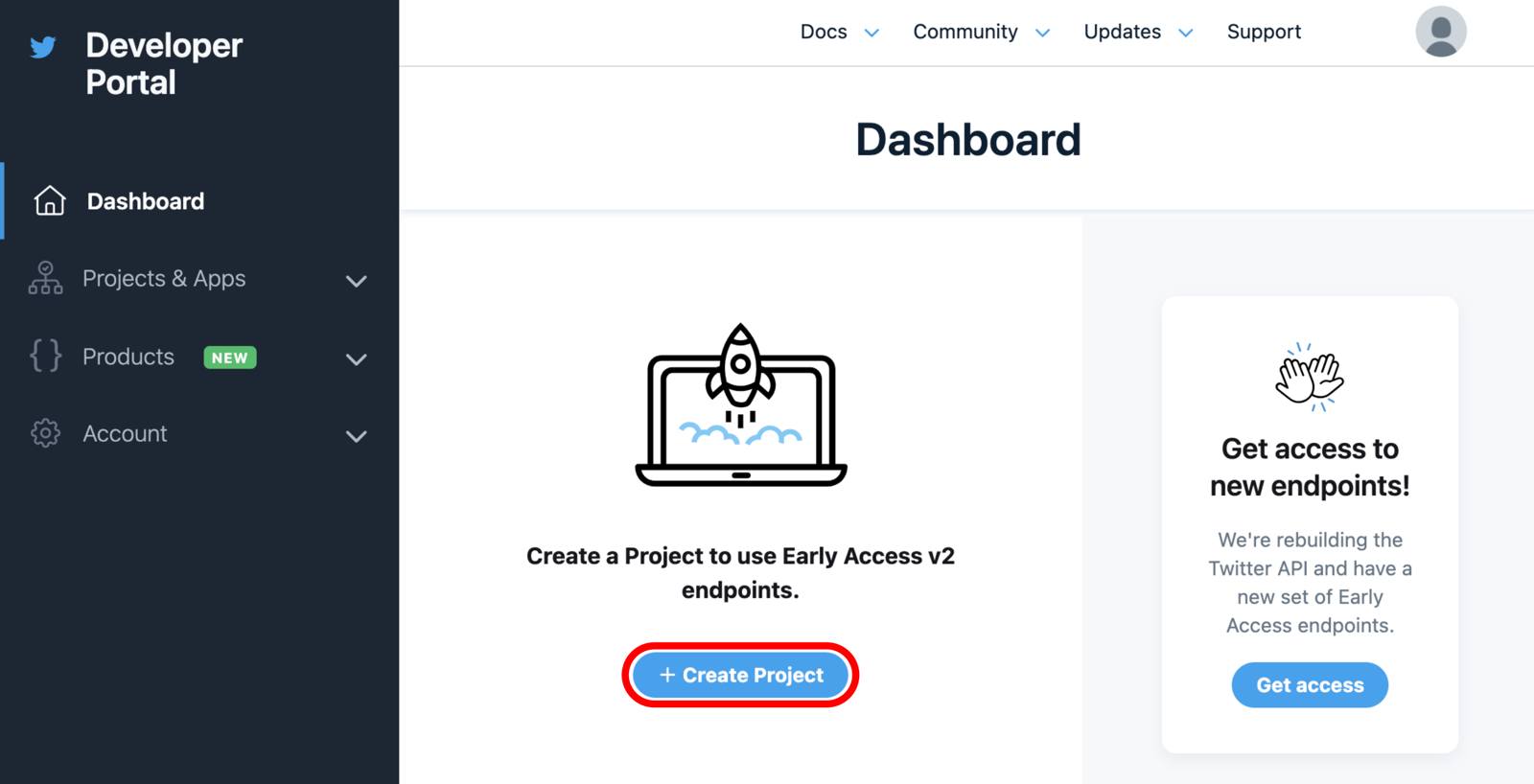 Twitter developer portal with Create Project button highlighted
