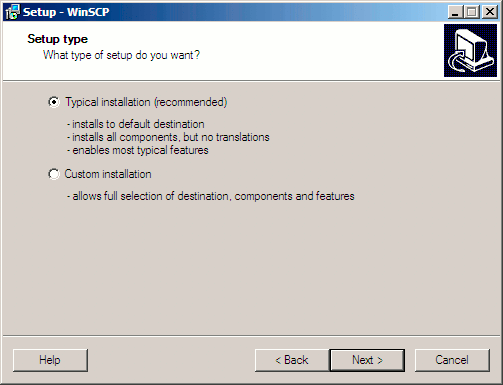 WinSCP setup wizard setup type selection screen. WinSCP setup wizard setup type selection screen.